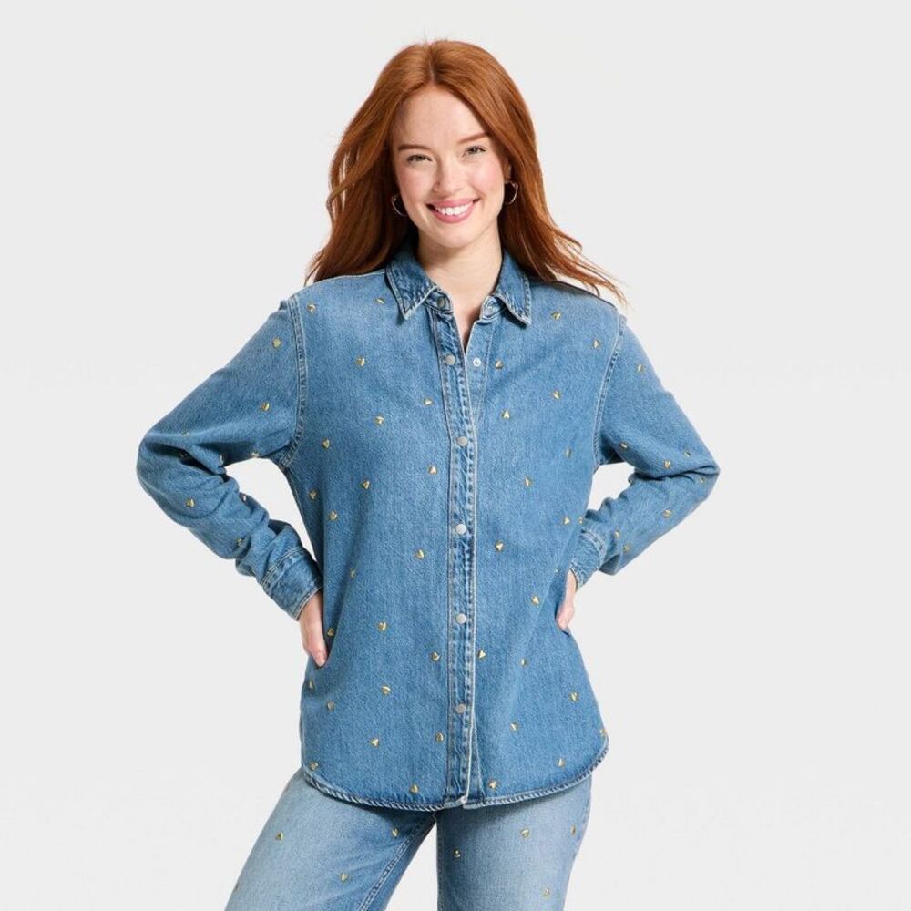 Universal Thread Blue Denim Embroidered Button-Up Tunic